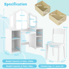 Kids Vanity Table and Chair Set with 3 Removable Mirrors and 4 Storage Bins for Children-White
