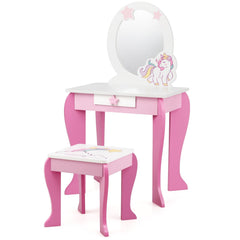 Kids Vanity Table and Chair Set with Mirror and Detachable Top-Pink
