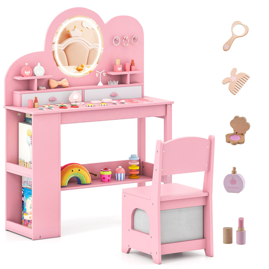 Kids Vanity with Lights Princess Vanity Table and Chair Set with 2 Drawers-Pink