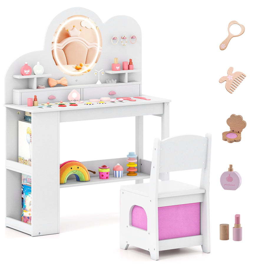 Kids Vanity with Lights Princess Vanity Table and Chair Set with 2 Drawers-White