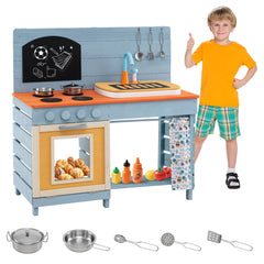 Kids Wooden Play Kitchen Set with Stoves Sink Faucet for Boys Girls Aged 3-8 -Blue