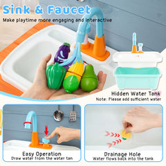 Kids Wooden Play Kitchen Set with Stoves Sink Faucet for Boys Girls Aged 3-8 -Blue