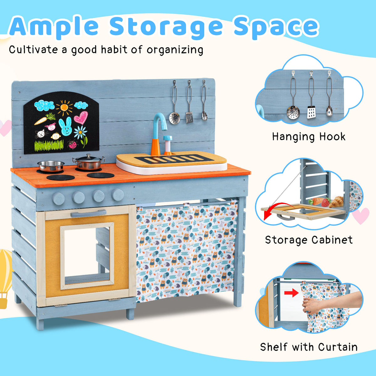 Kids Wooden Play Kitchen Set with Stoves Sink Faucet for Boys Girls Aged 3-8 -Blue