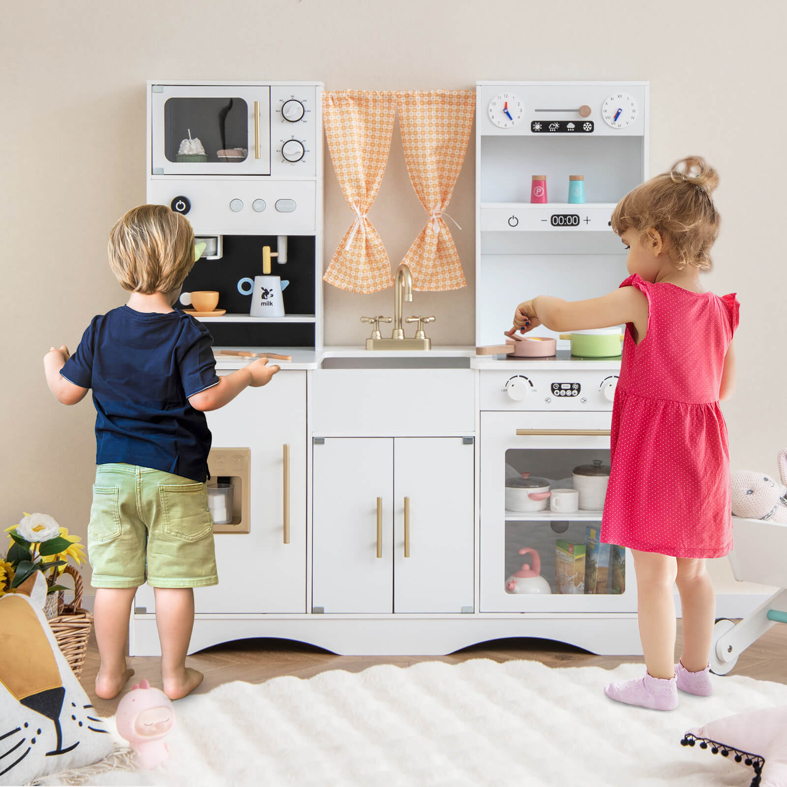 Kids Play Kitchen Wooden with Microwave and Ice Maker with Sounds-White