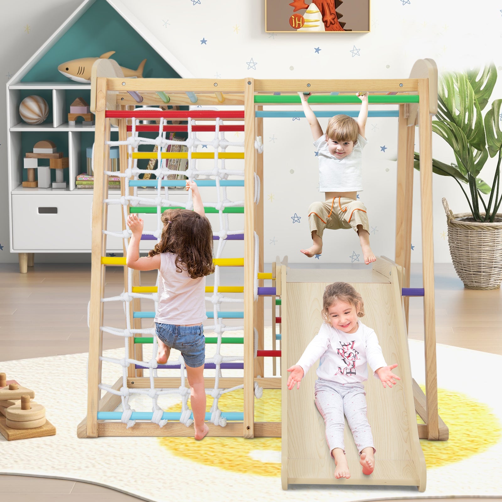 6-in-1 Indoor Jungle Gym Kids Wooden Playground Climber Playset-Natural