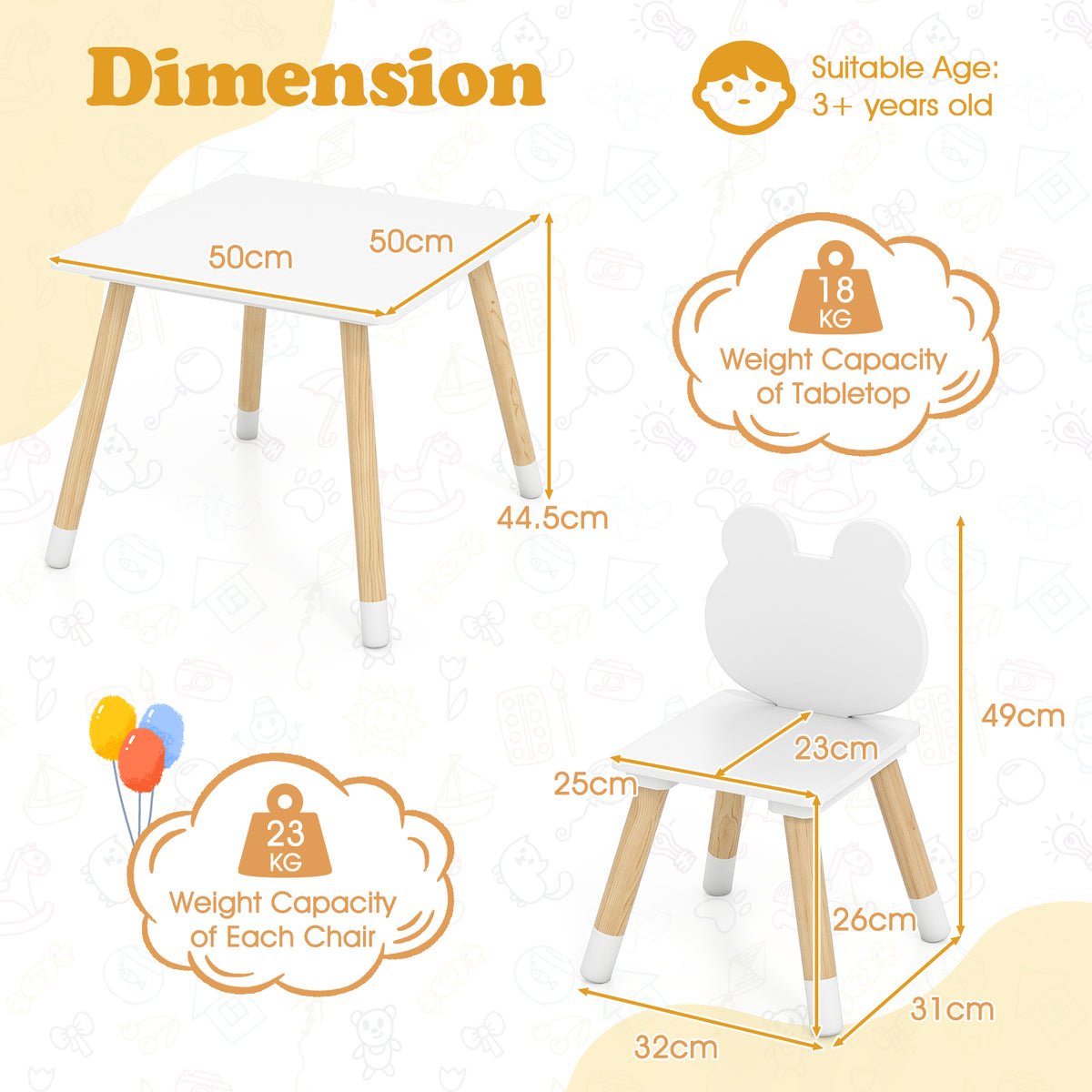 3 Pieces Kids Wooden Table and Chair Set with Cute Froggy Design-White