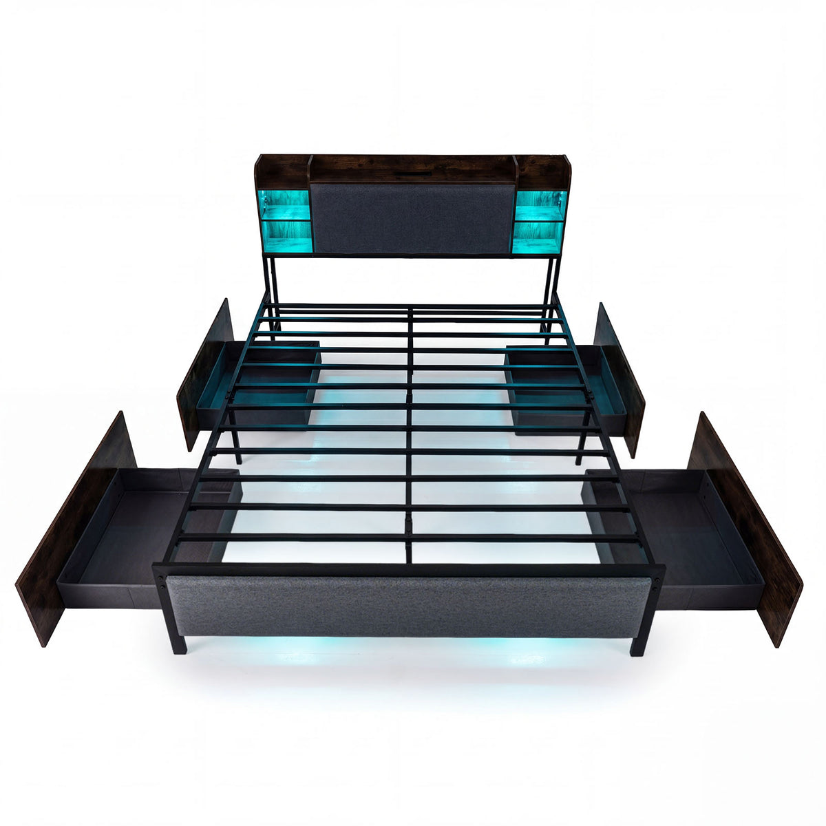 King Size Bed Frame with LED Lights and Charging Station Industrial Upholstered Platform Bed-Rustic Brown