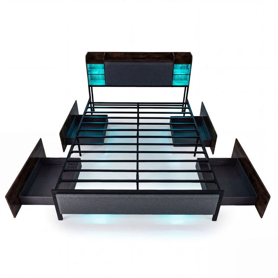 King Size Bed Frame with LED Lights and Charging Station Industrial Upholstered Platform Bed-Rustic Brown