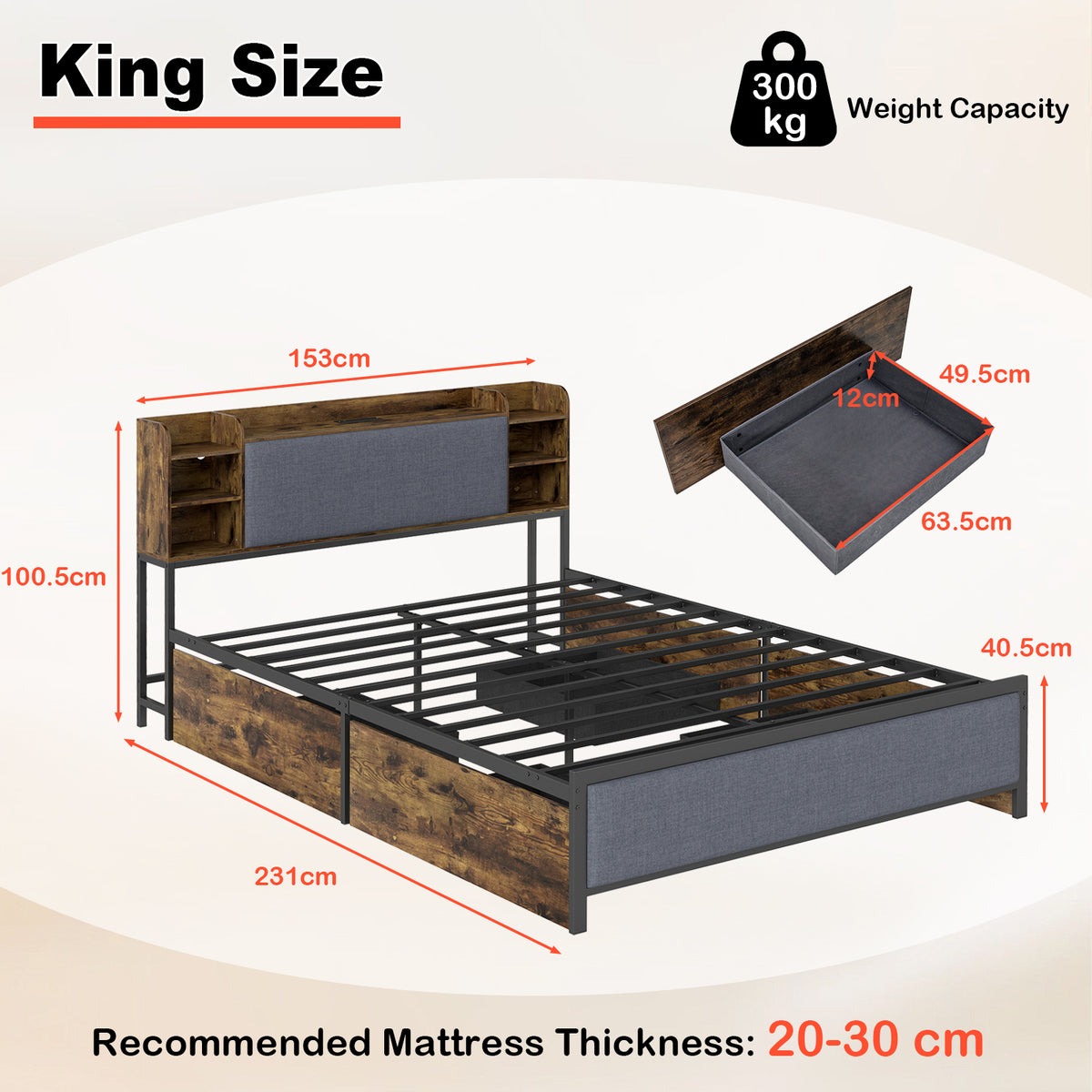 King Size Bed Frame with LED Lights and Charging Station Industrial Upholstered Platform Bed-Rustic Brown