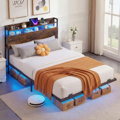 King Size Bed Frame with LED Lights and Charging Station-Rustic Brown