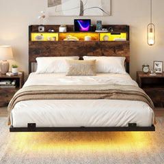 King Size Bed Frame with LED Lights and Charging Station-Rustic Brown