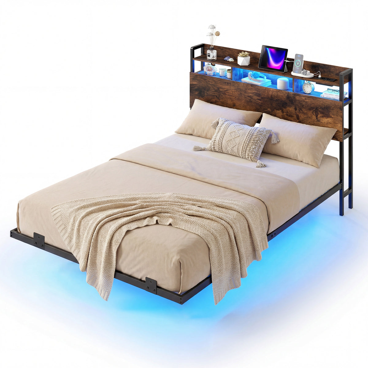 King Size Bed Frame with LED Lights and Charging Station-Rustic Brown