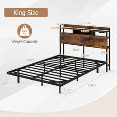 King Size Bed Frame with LED Lights and Charging Station-Rustic Brown