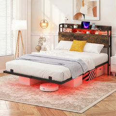 King Size Bed Frame with LED Lights and Charging Station-Rustic Brown