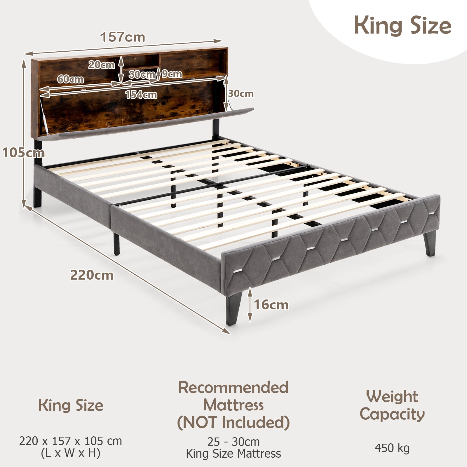 Single/Double Bed Frame with Storage Headboard and Slat Support-King Size