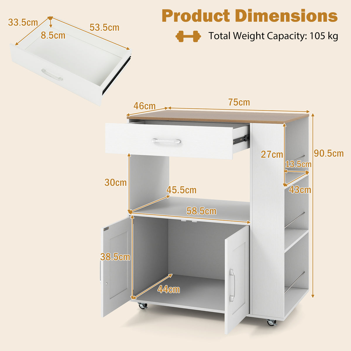 Kitchen Island Cart with Storage Rolling Kitchen Island on Wheels-Natural & White