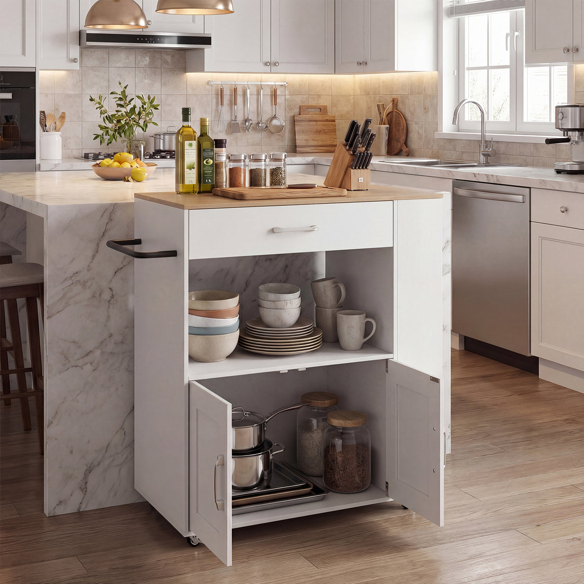 Kitchen Island Cart with Storage Rolling Kitchen Island on Wheels-Natural & White