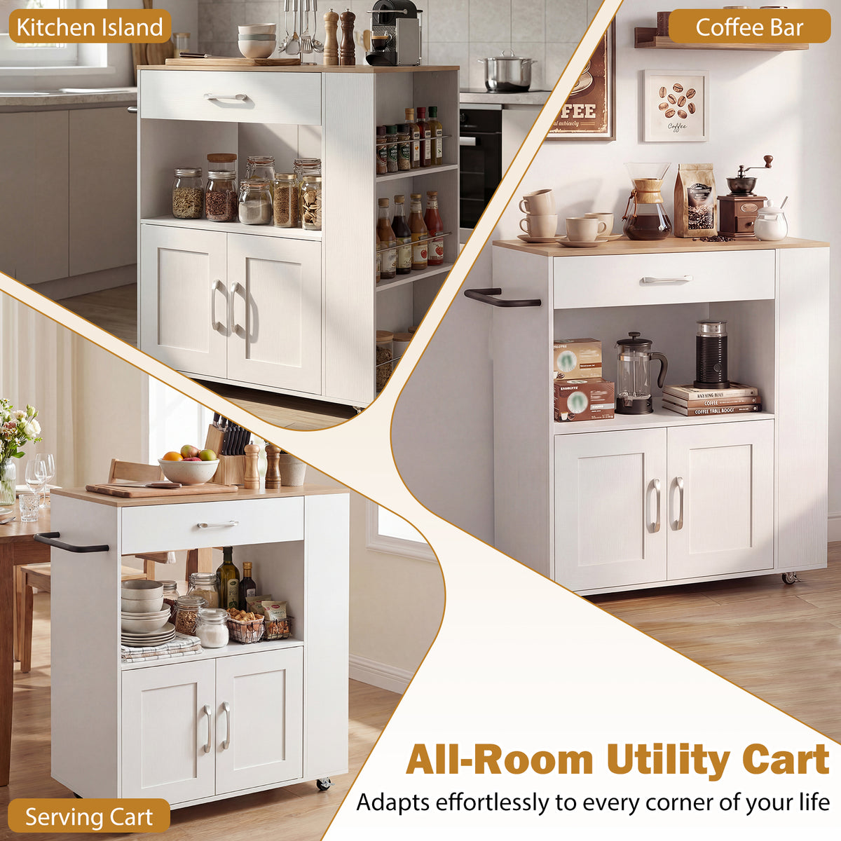Kitchen Island Cart with Storage Rolling Kitchen Island on Wheels-Natural & White