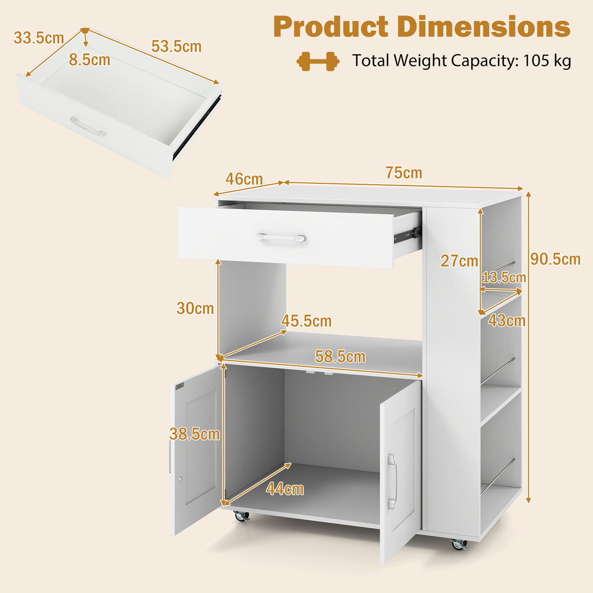 Kitchen Island Cart with Storage Rolling Kitchen Island on Wheels-White