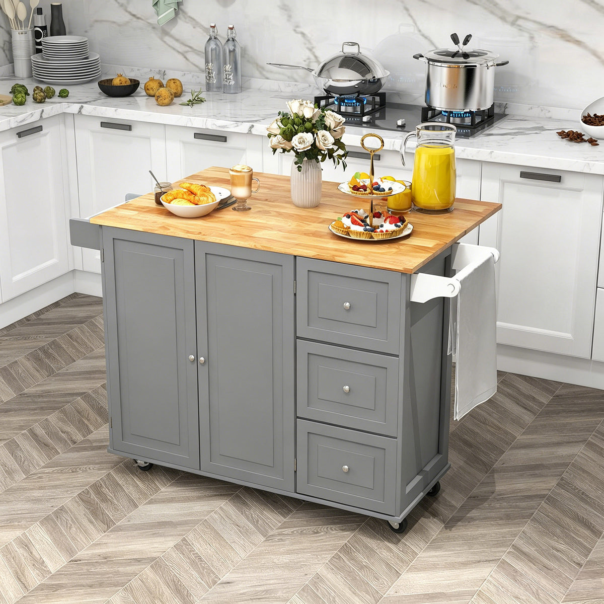 Kitchen Island Trolley with 3 Drawers and 2-door Cabinet-Gray