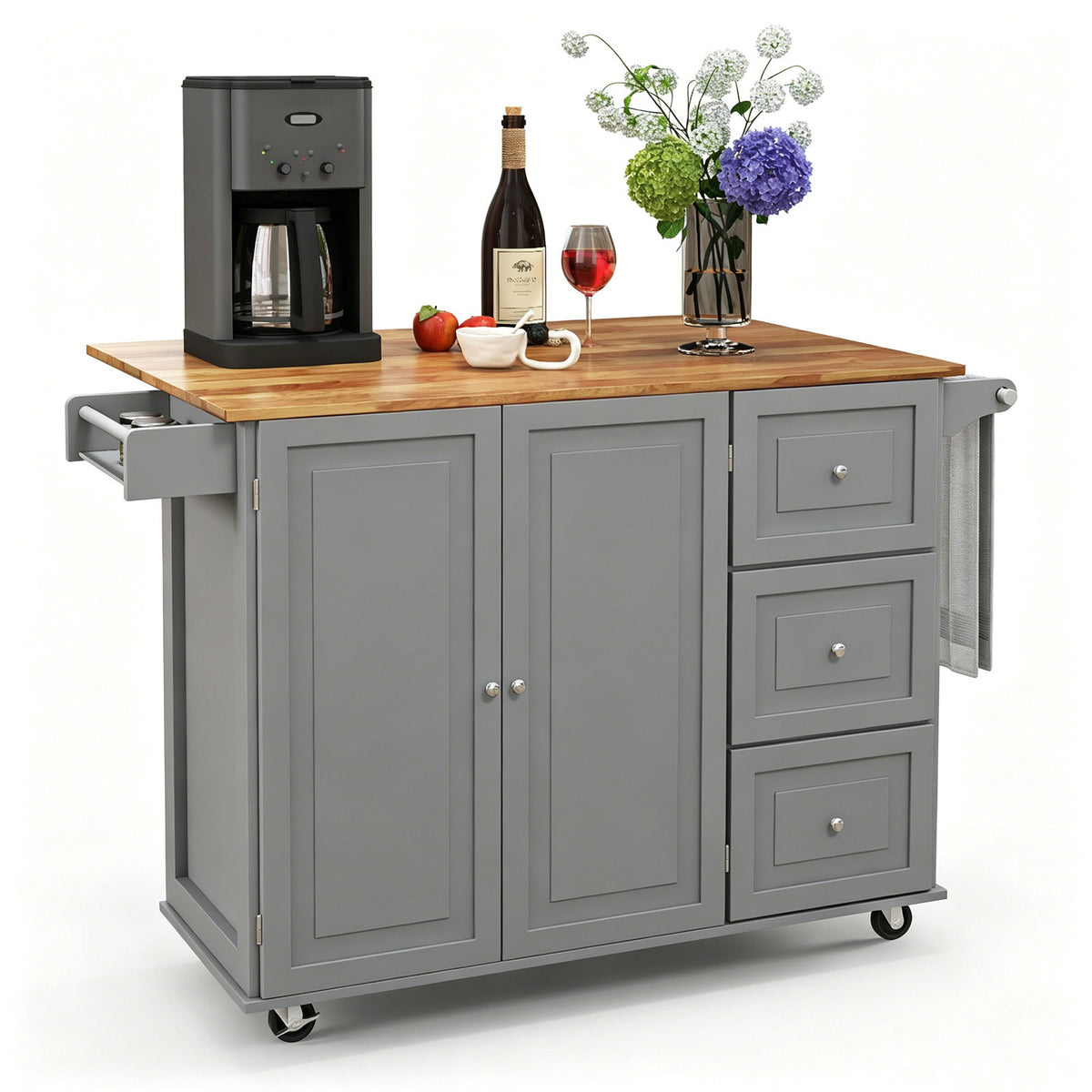 Kitchen Island Trolley with 3 Drawers and 2-door Cabinet-Gray