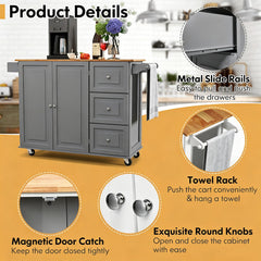 Kitchen Island Trolley with 3 Drawers and 2-door Cabinet-Gray