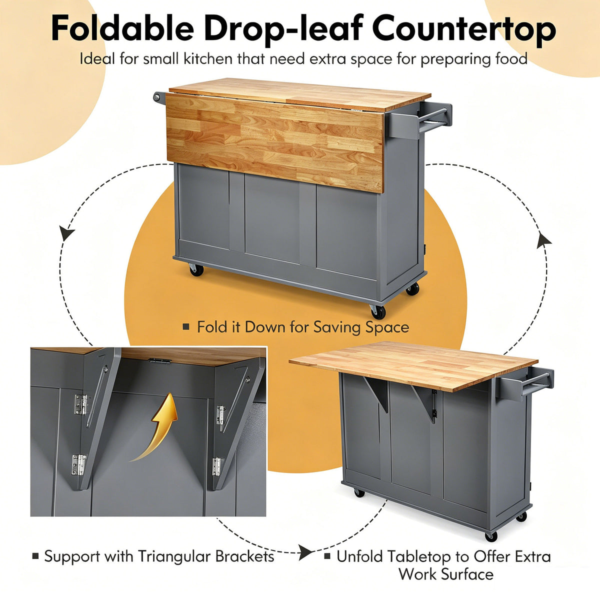 Kitchen Island Trolley with 3 Drawers and 2-door Cabinet-Gray