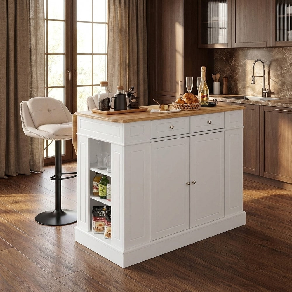 The kitchen island with drop-leaf countertop and a bar stool in a room with a window