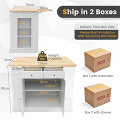 Diagram showing the dimensions and parts included for the kitchen island and stools