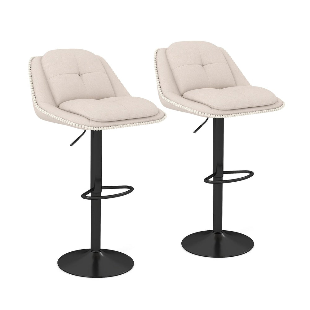 Two adjustable chenille upholstered bar stools with black bases