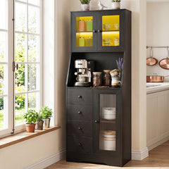 Kitchen Pantry Cabinet with Adjustable LED Lights and Doors-Black