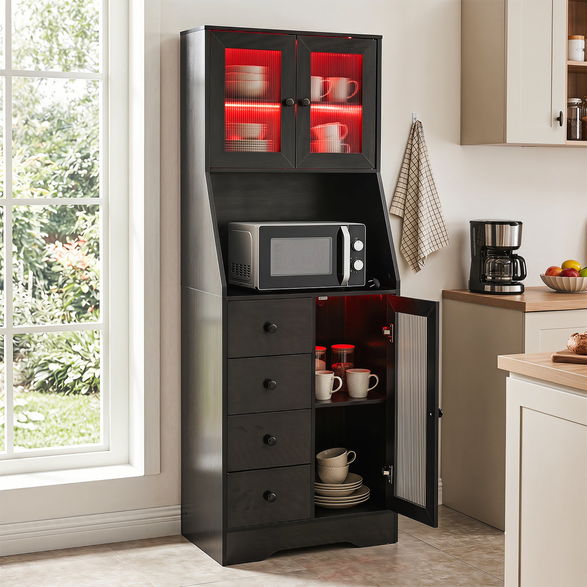 Kitchen Pantry Cabinet with Adjustable LED Lights and Doors-Black