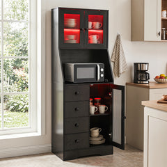 Kitchen Pantry Cabinet with Adjustable LED Lights and Doors-Black