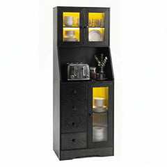 Kitchen Pantry Cabinet with Adjustable LED Lights and Doors-Black