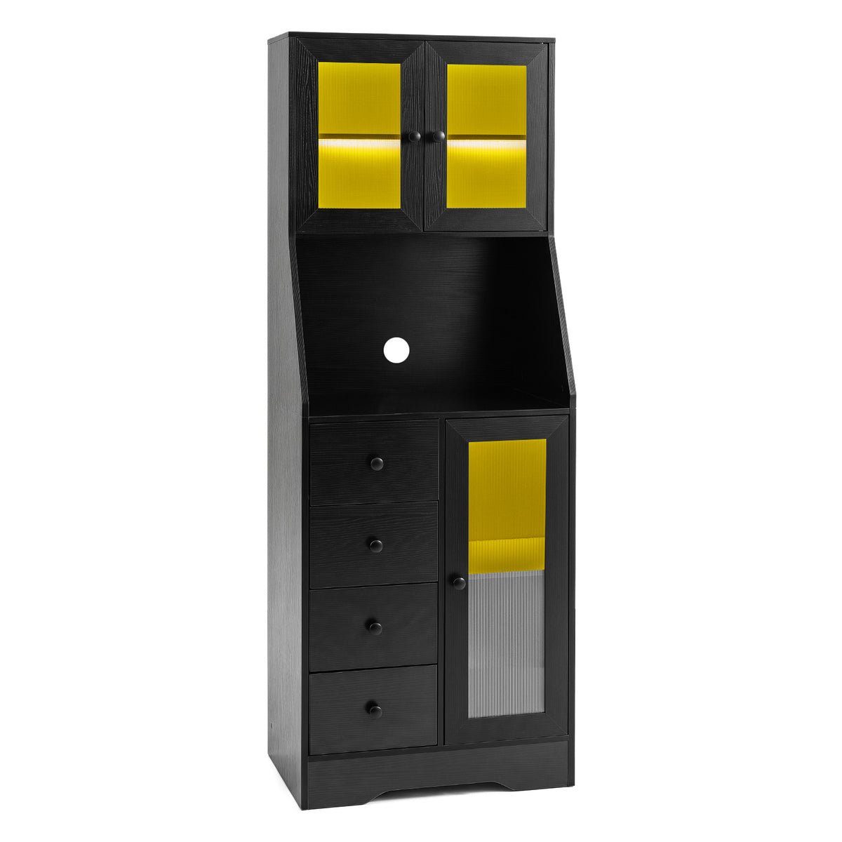 Kitchen Pantry Cabinet with Adjustable LED Lights and Doors-Black