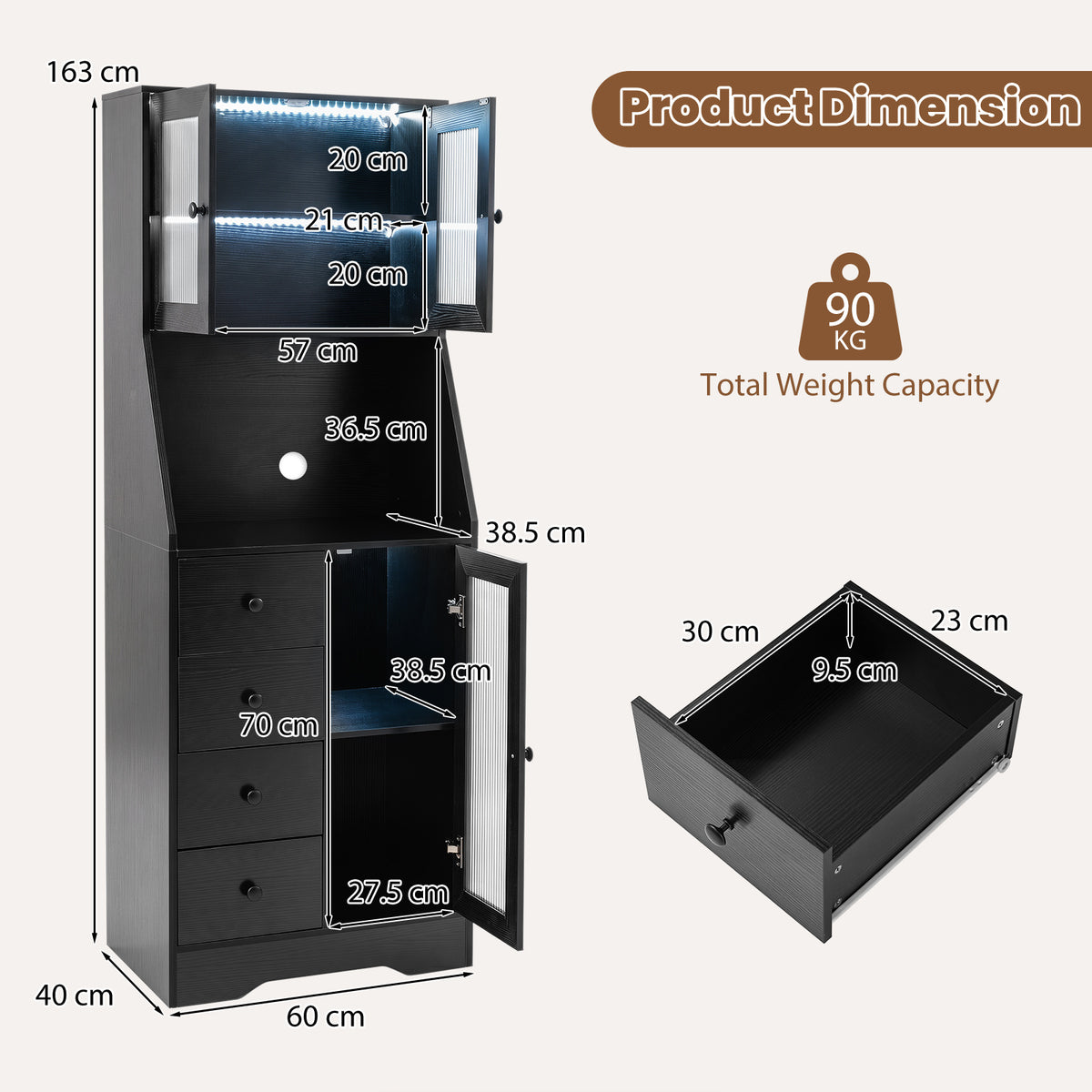 Kitchen Pantry Cabinet with Adjustable LED Lights and Doors-Black