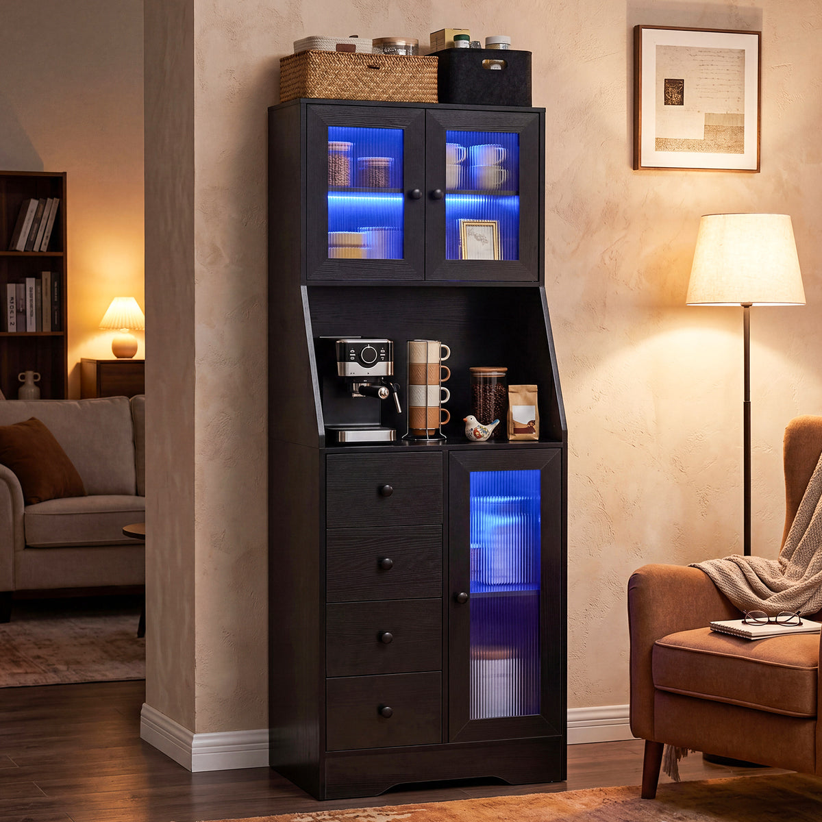 Kitchen Pantry Cabinet with Adjustable LED Lights and Doors-Black