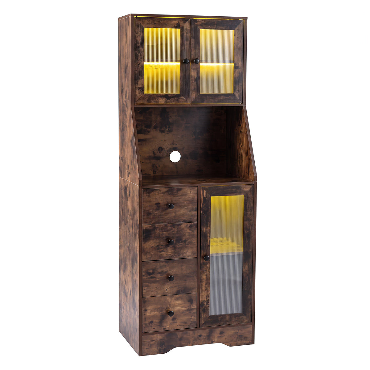 Kitchen Pantry Cabinet with Adjustable LED Lights and Doors-Rustic Brown
