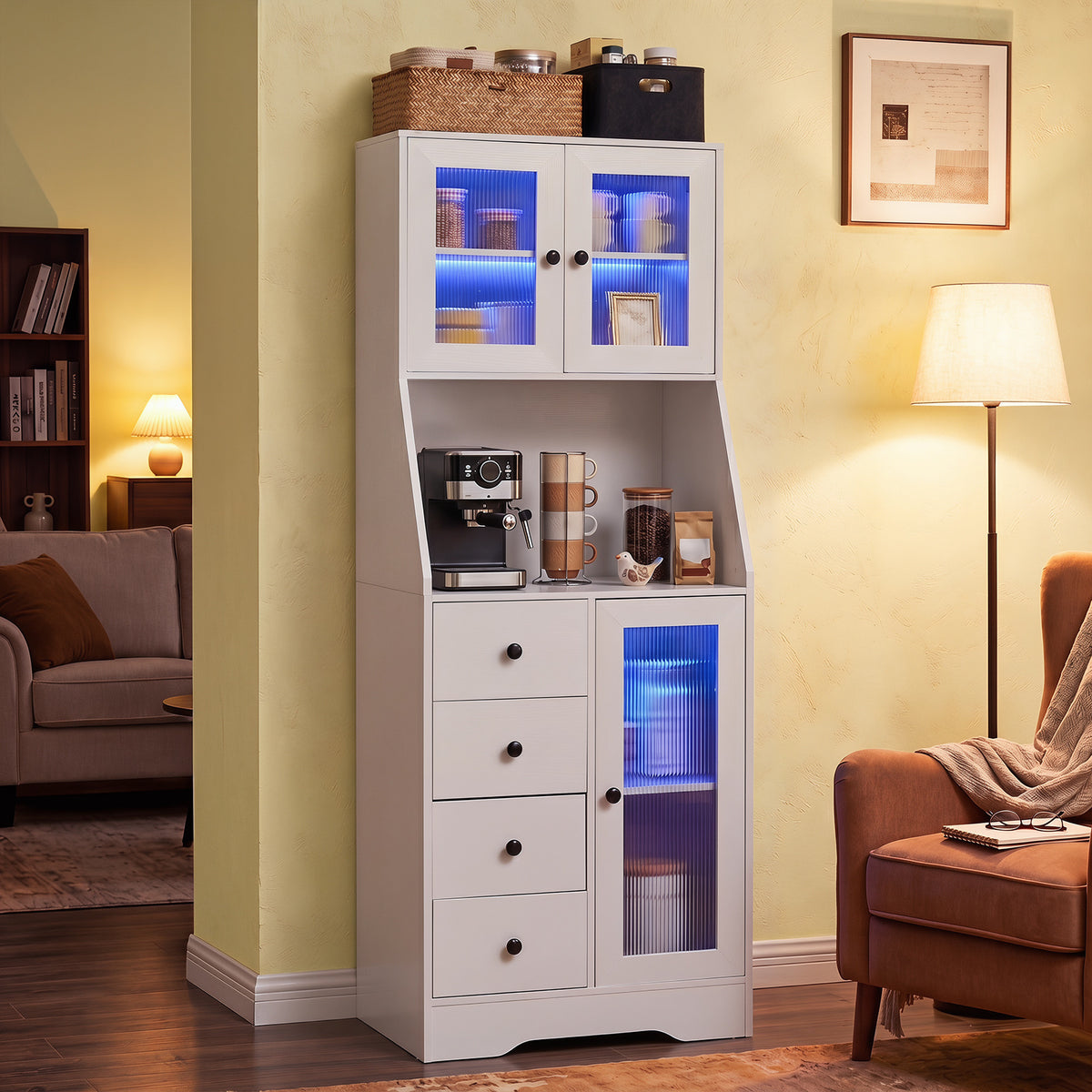 Kitchen Pantry Cabinet with Adjustable LED Lights and Doors-White