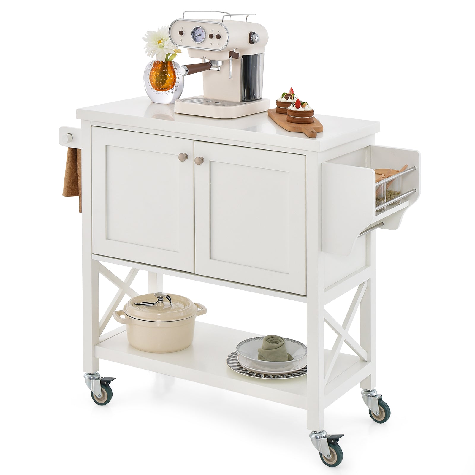 Kitchen Cart with Storage Cabinet with Towel Rack and Spice Rack-White