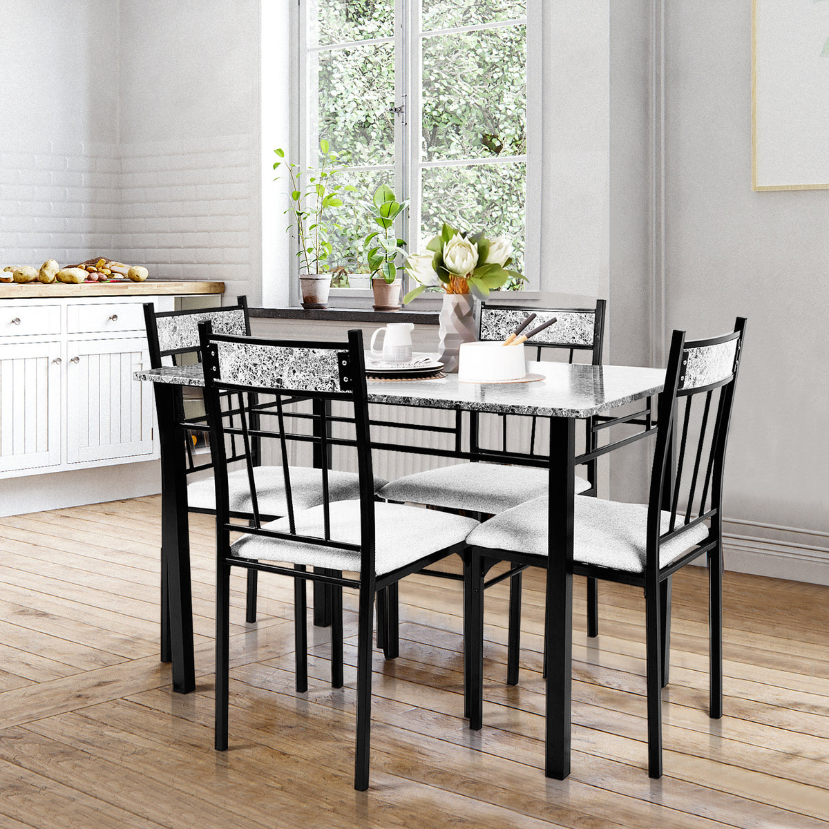 Marble 5-piece Kitchen Dining Set with Sponge Cushion and Metal Structure-Grey