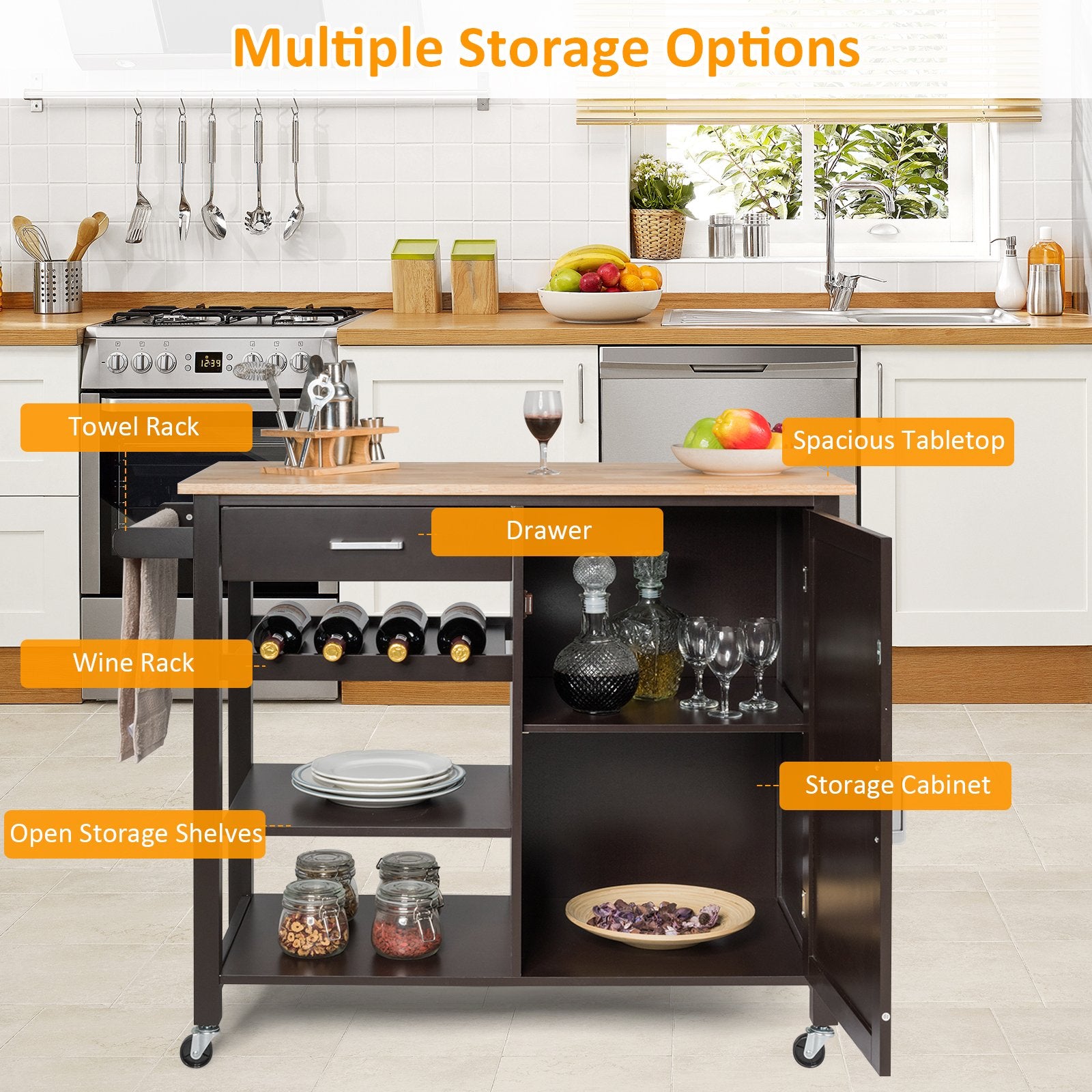 Rolling Kitchen Island Cart with Wine Rack and Adjustable Shelf-Brown