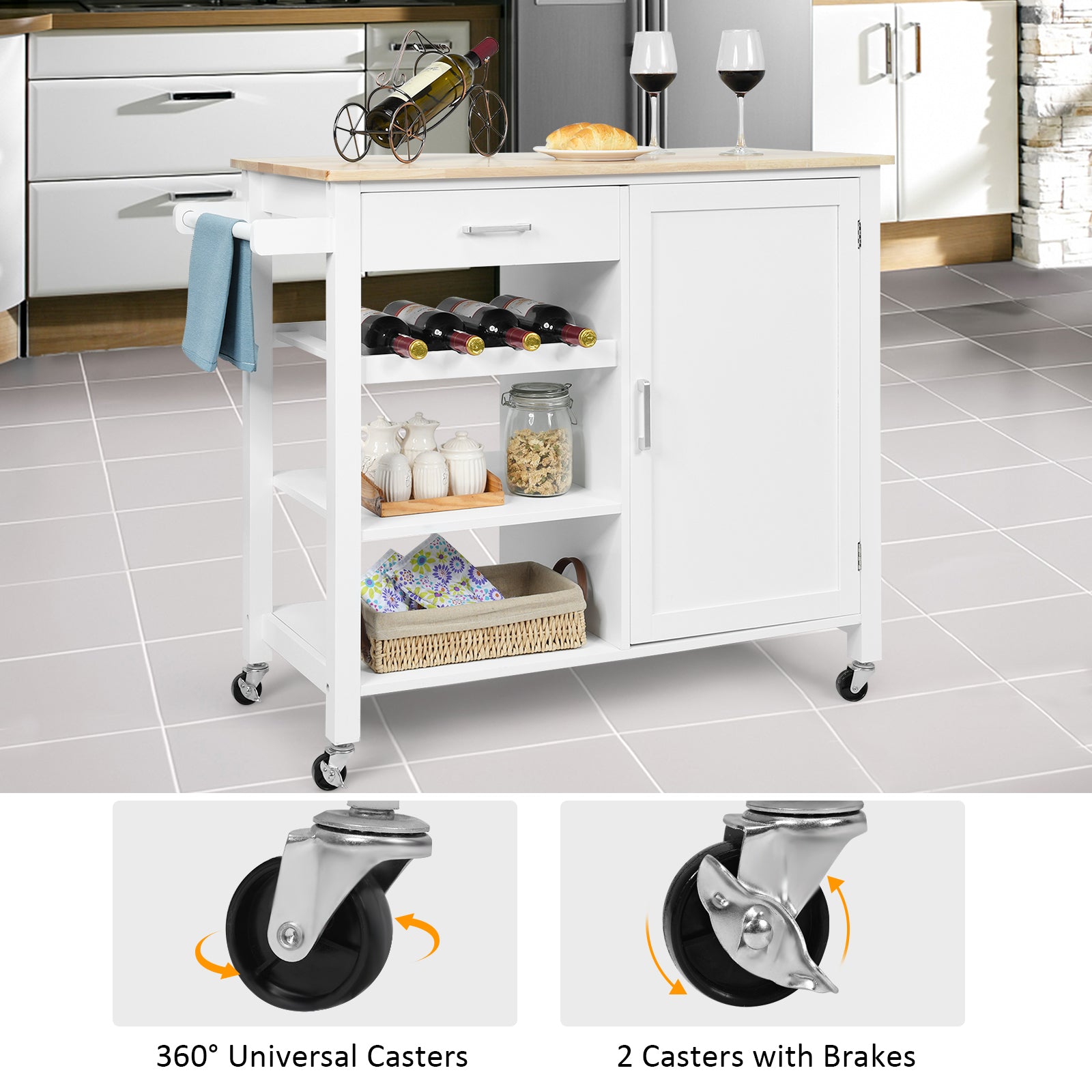 Rolling Kitchen Island Cart with Wine Rack and Adjustable Shelf-White