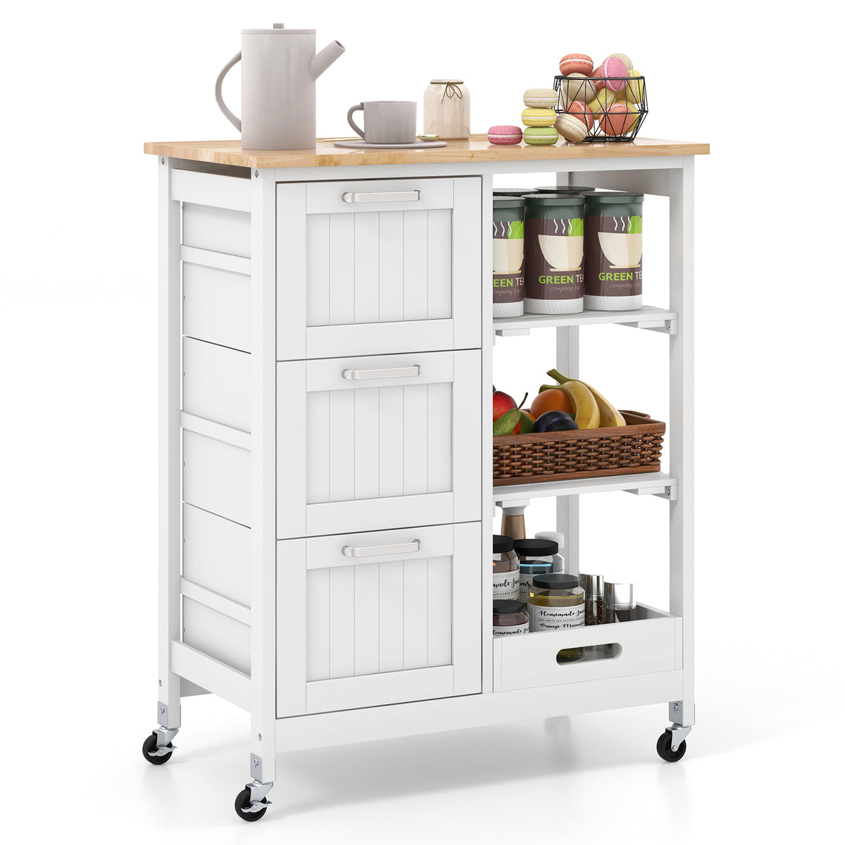 Kitchen Island Rolling Cart Utility Cart on Lockable Wheels with 3 Drawers-White