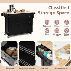 Kitchen Island Trolley with 3 Drawers and 2-door Cabinet-Brown
