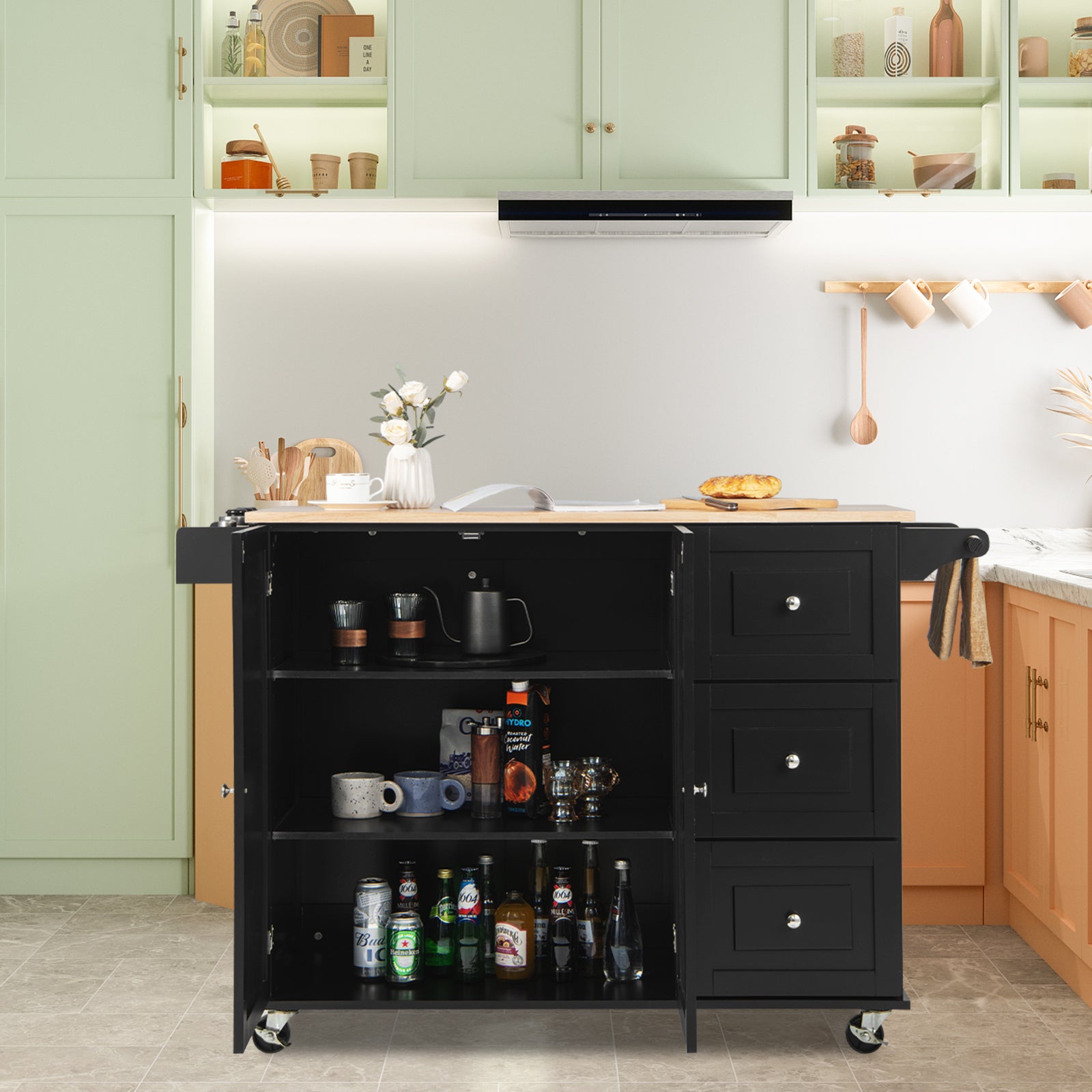 Kitchen Island Trolley with 3 Drawers and 2-door Cabinet-Brown