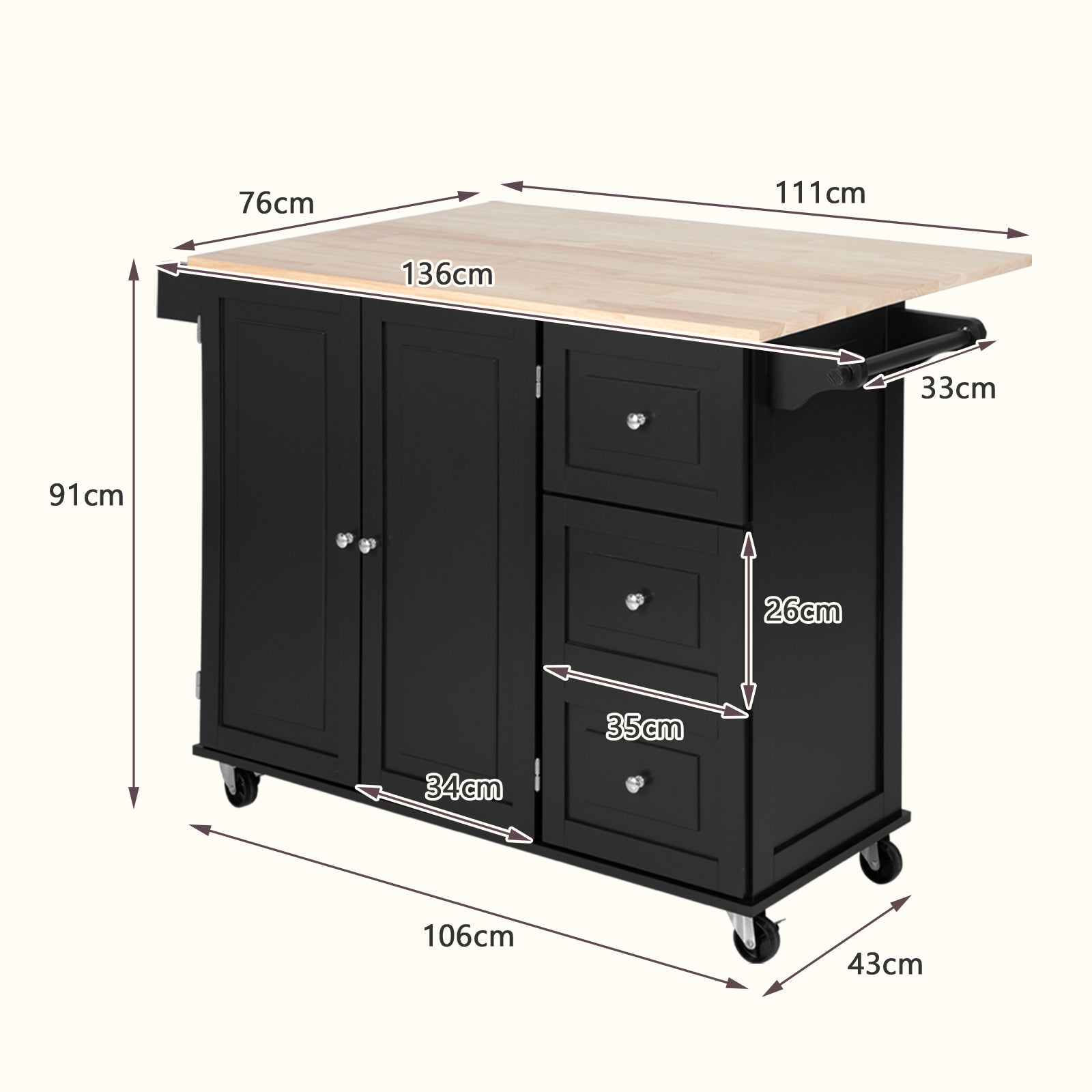 Kitchen Island Trolley with 3 Drawers and 2-door Cabinet-Brown