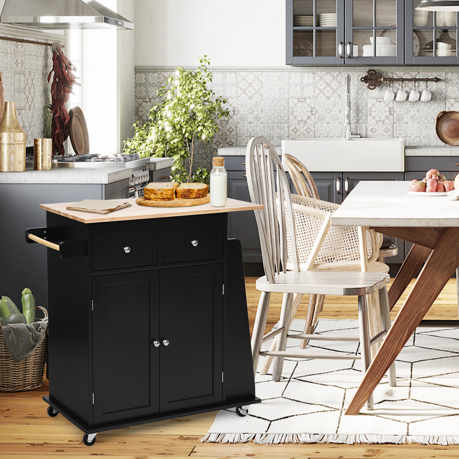 Kitchen Island with Rubber Wood Countertop and Storage on Wheels-Black