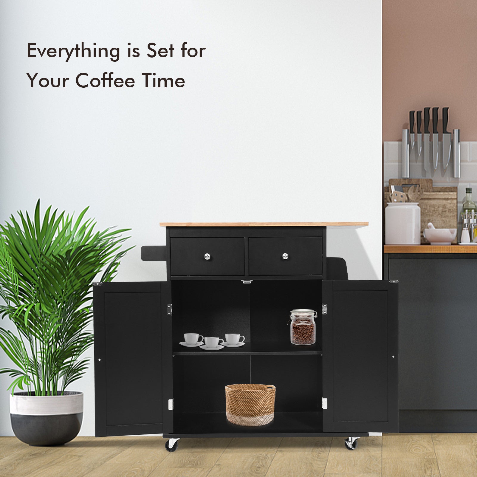 Kitchen Island with Rubber Wood Countertop and Storage on Wheels-Black