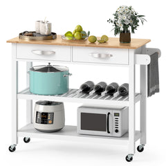 Kitchen Island with Storage 3-Tier Rolling Utility Cart with Wood Countertop-White